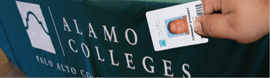 Photo of a Student ID in front of an Alamo Colleges tablecloth
