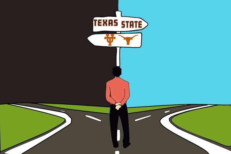 Student pondering at a crossroads.