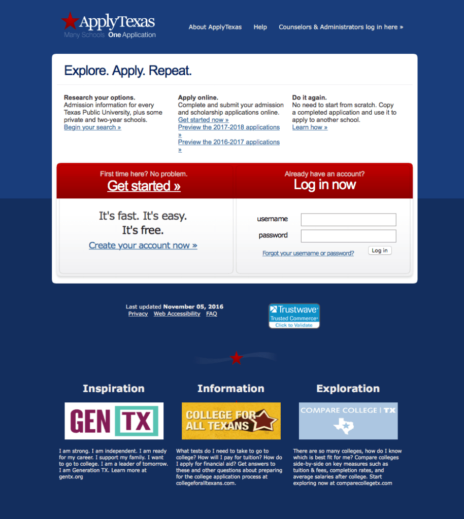 Screen shot of the Apply Texas website.