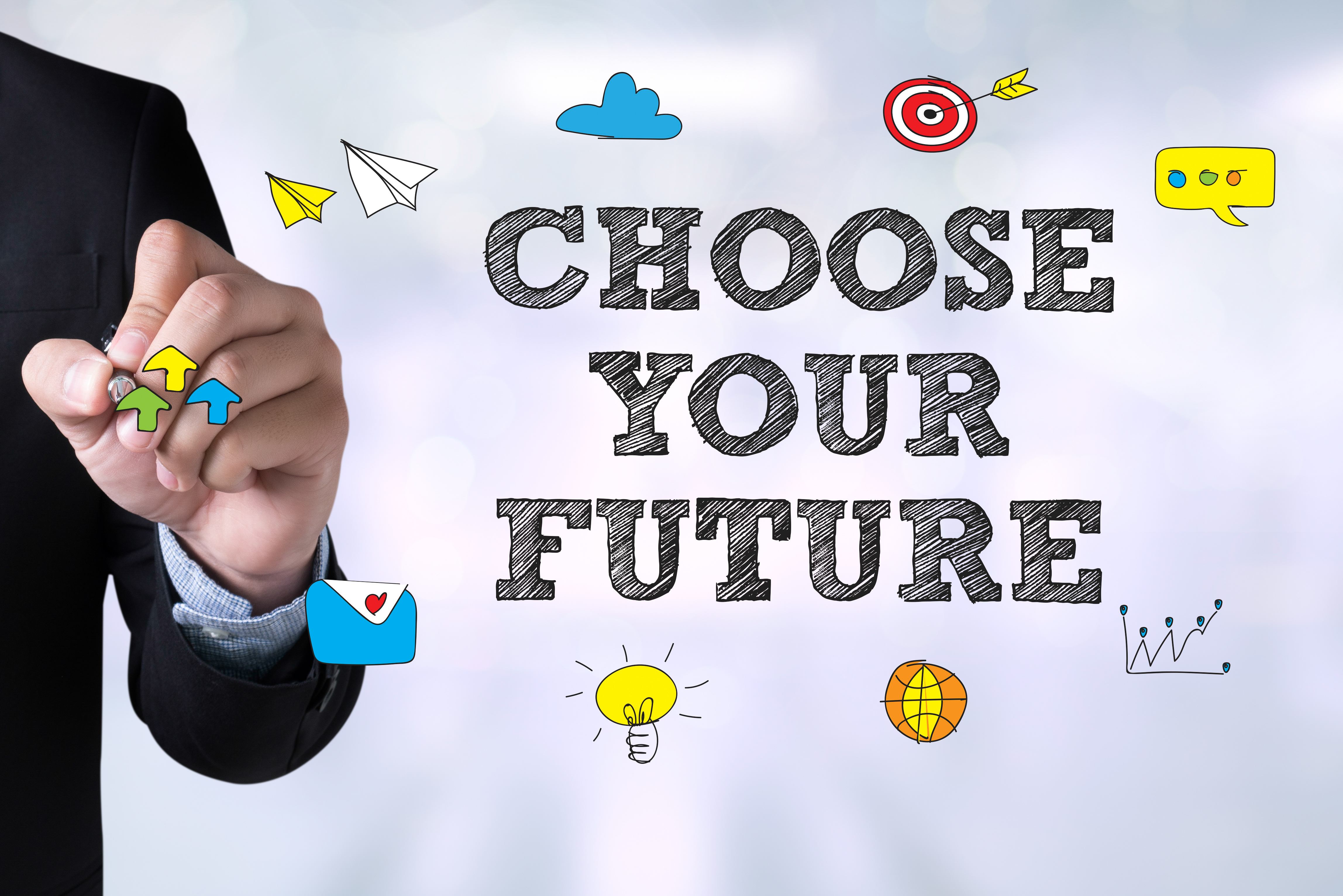 CHOOSE YOUR FUTURE and Businessman drawing Landing Page on blackboard